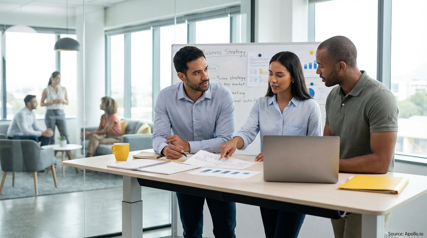 Sales team collaborating in a modern open-plan office in a sales team meeting