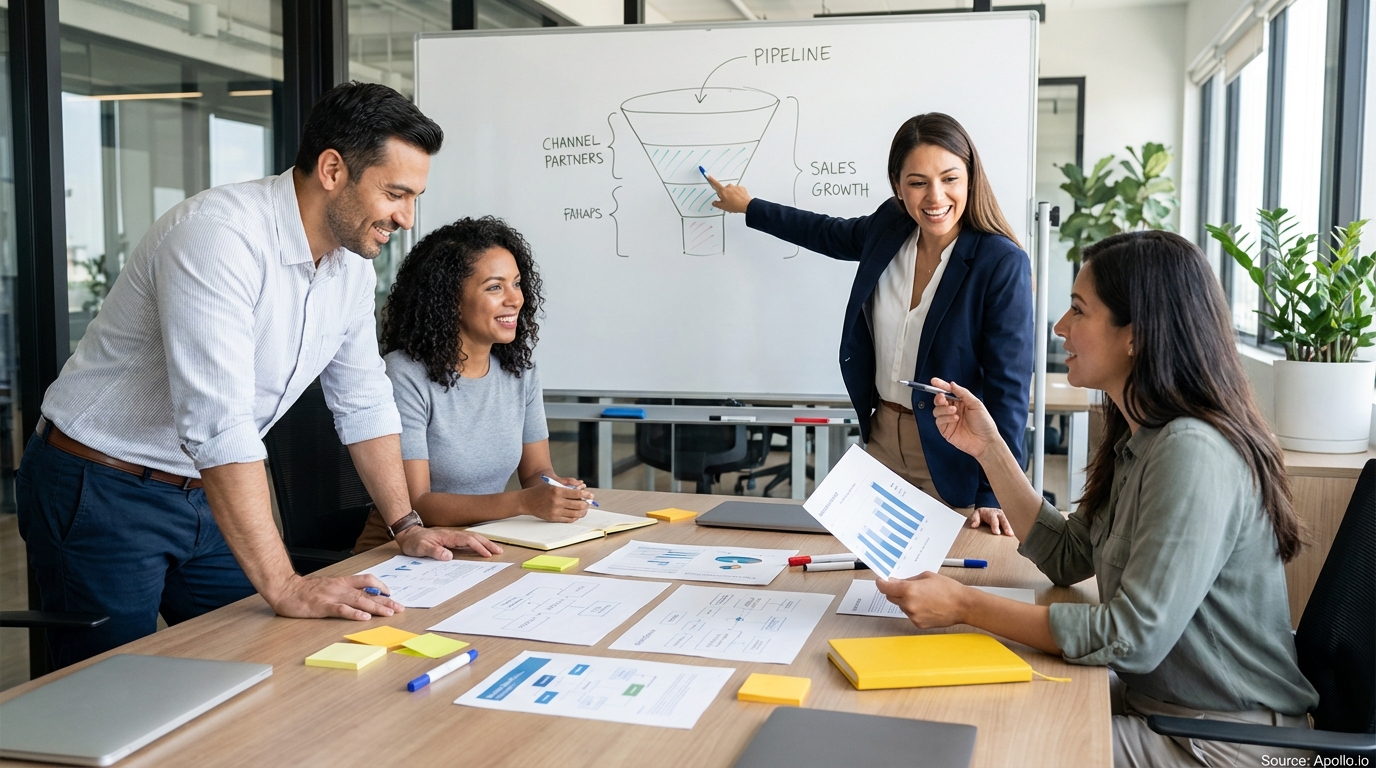 Sales professionals discussing strategy around a conference table in a sales team meeting