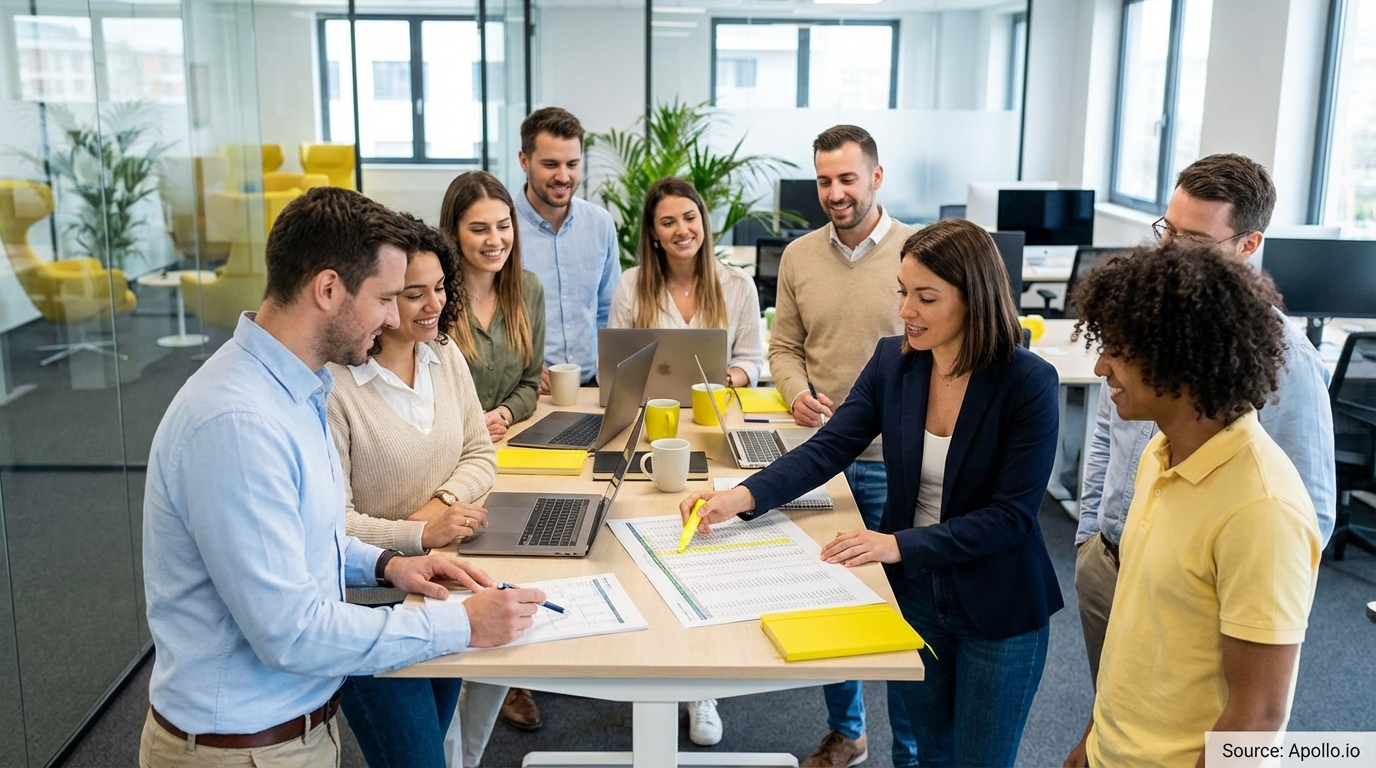 Sales team collaborating in a modern open-plan office in a sales team meeting