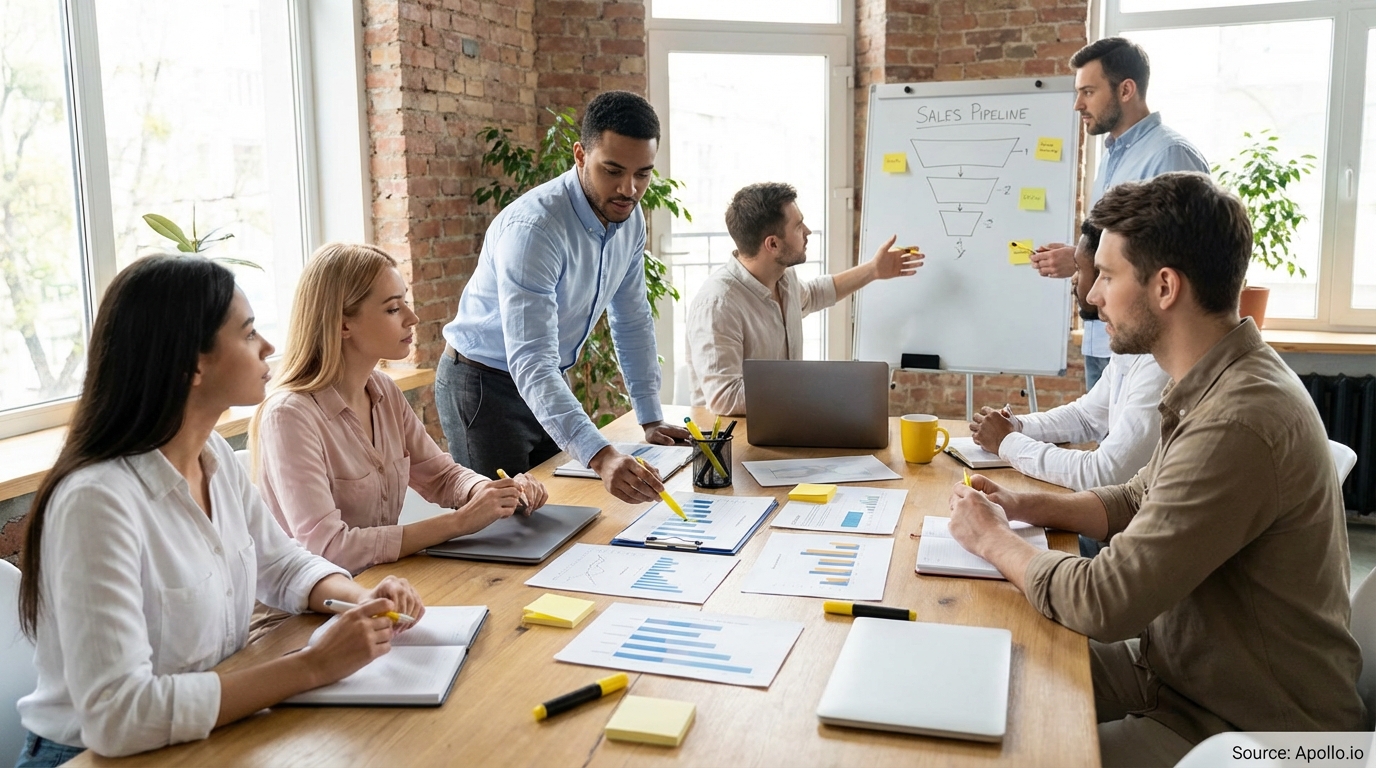 Sales professionals discussing strategy around a conference table in a sales team meeting