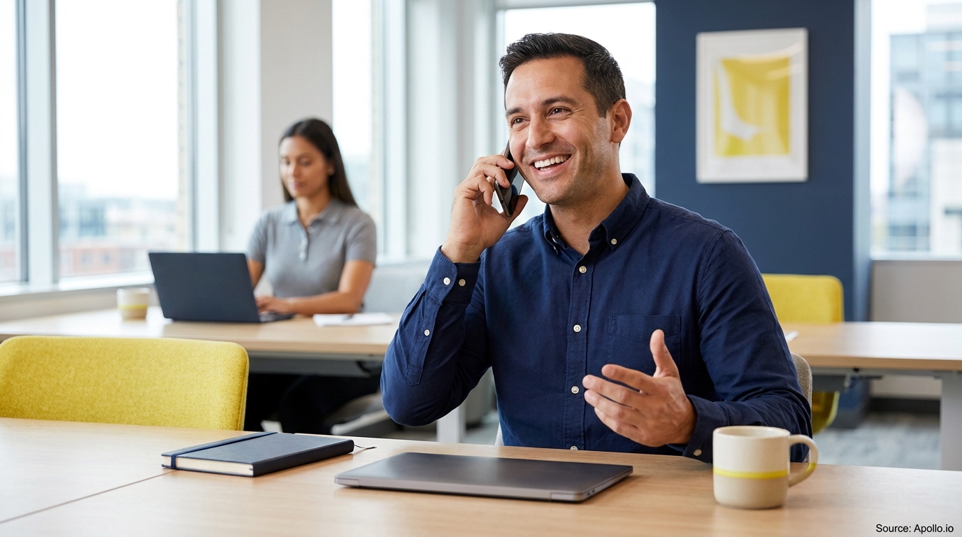 A man talks on the phone while a woman works on a laptop in a modern office.