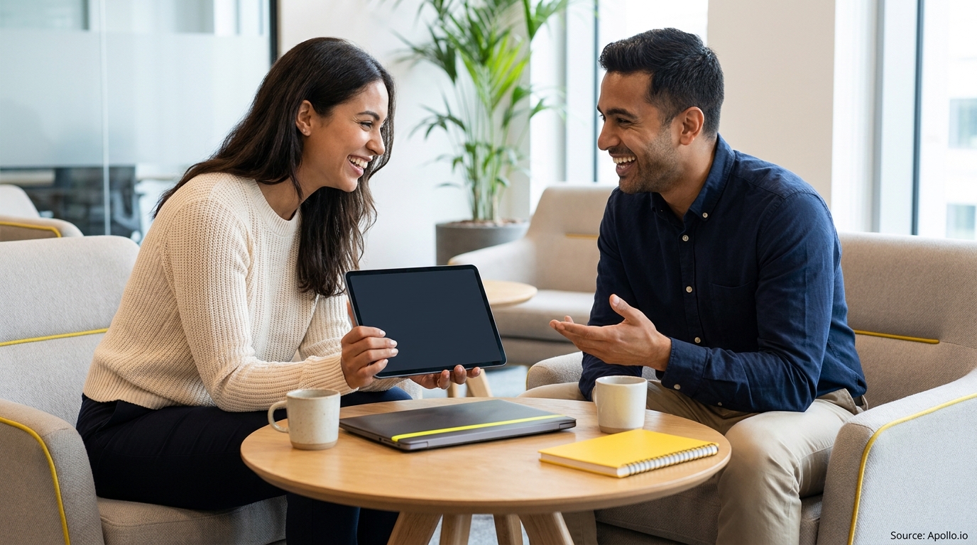 Two smiling professionals discuss content on a tablet in a modern office lounge.