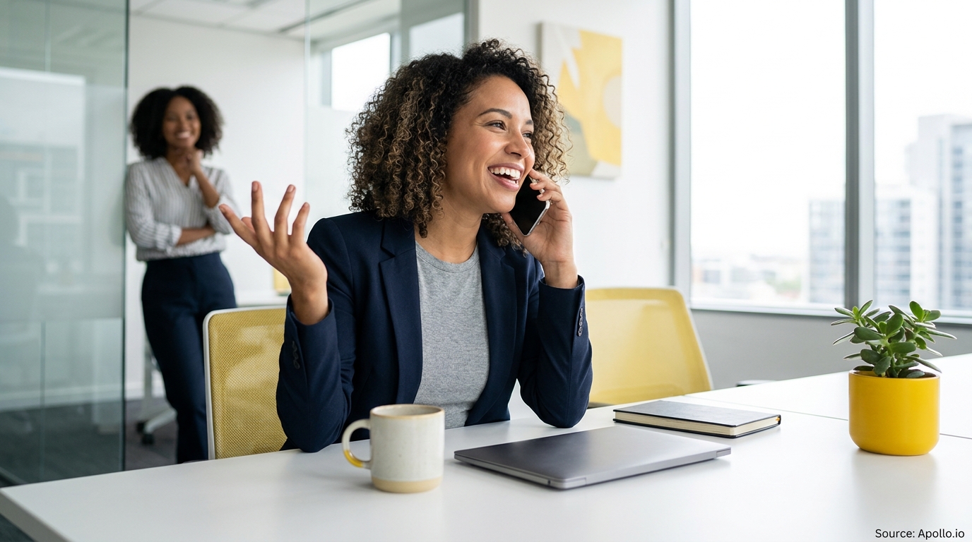 Smiling woman talks on phone, gesturing, at office desk while another woman watches.
