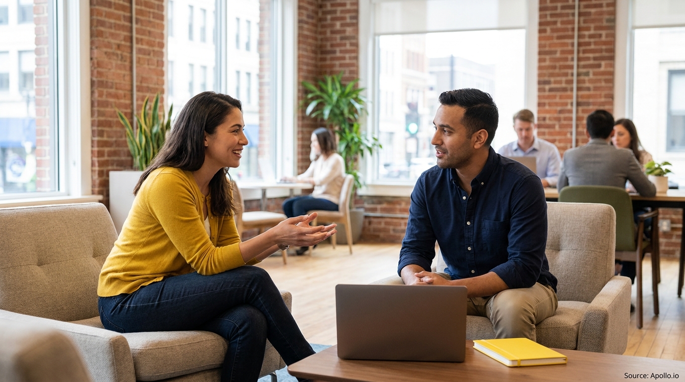 Two professionals discuss in a modern office lounge with colleagues working in the background.