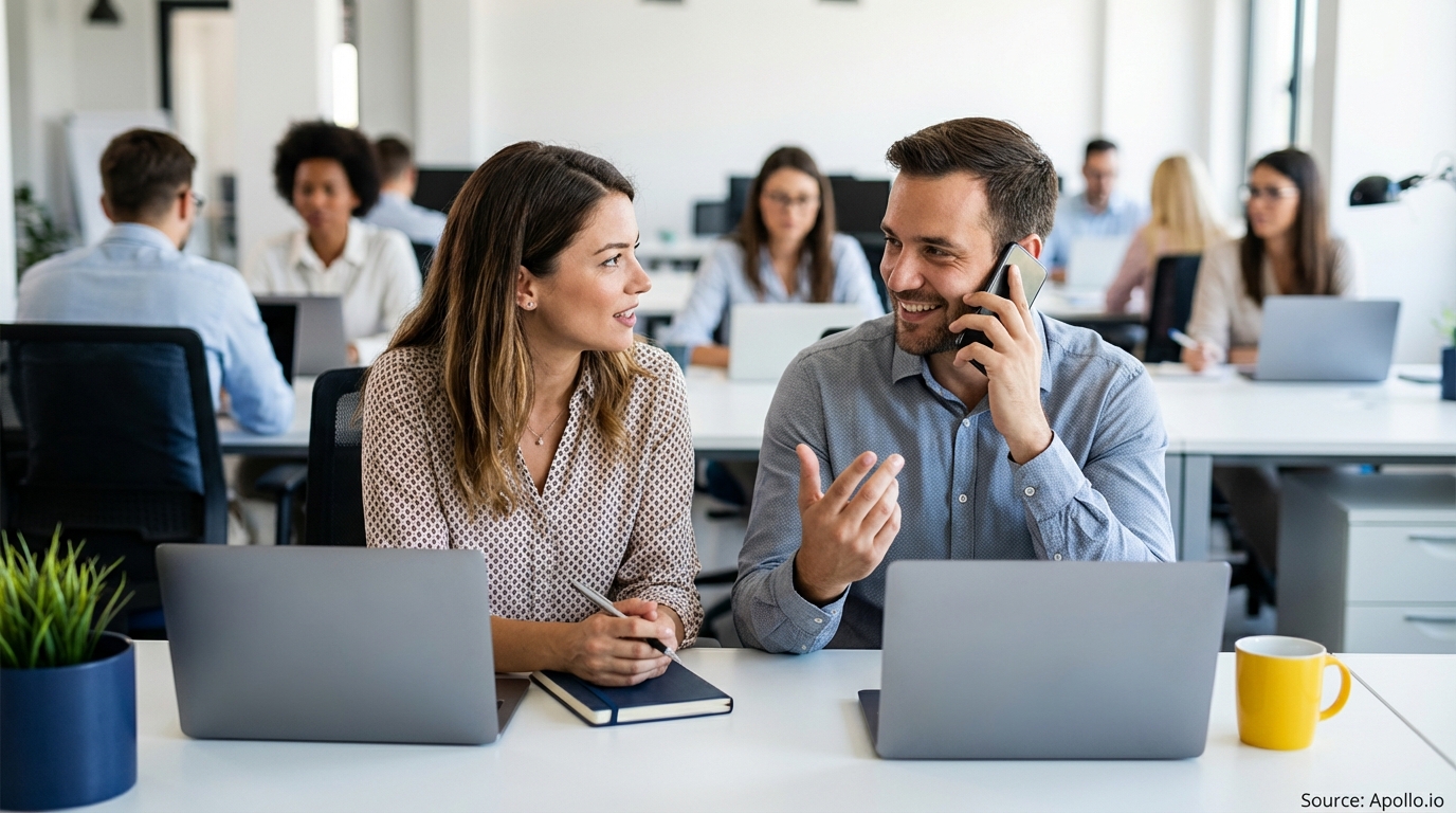 A man on a phone call and a woman with a notebook interact in an open office.