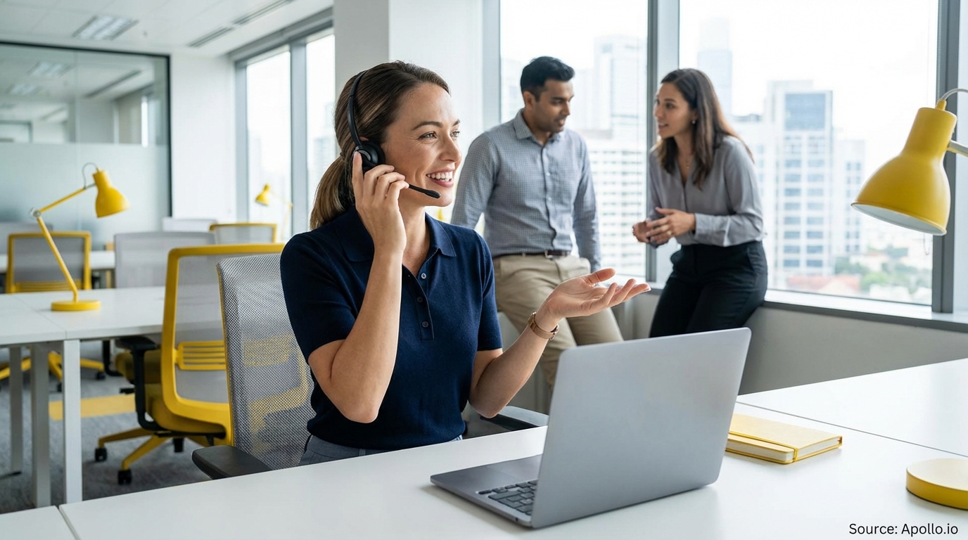 A smiling woman on a headset works at a laptop in a modern office, while two colleagues talk in the background.
