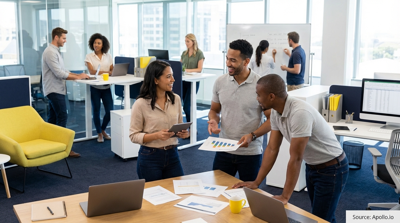 Sales team collaborating in a modern open-plan office in a sales team meeting