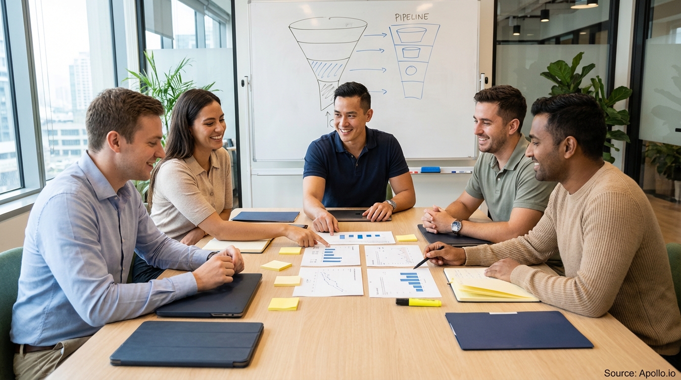 Sales professionals discussing strategy around a conference table in a sales team meeting