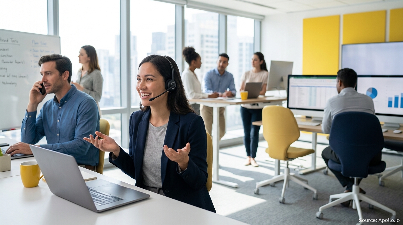 Sales development rep on a call wearing a professional headset planning outreach campaigns