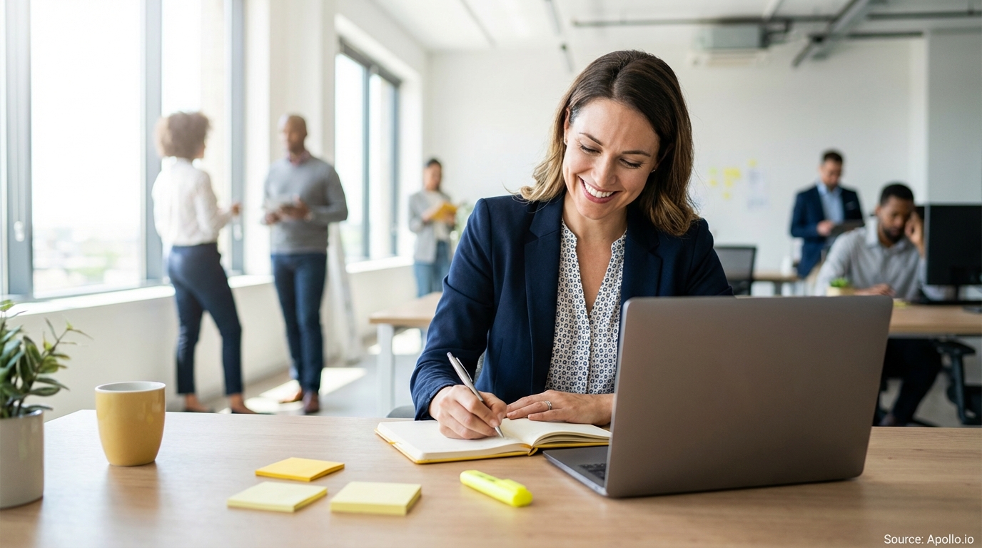 Professional researching leads on laptop at a clean desk planning outreach campaigns
