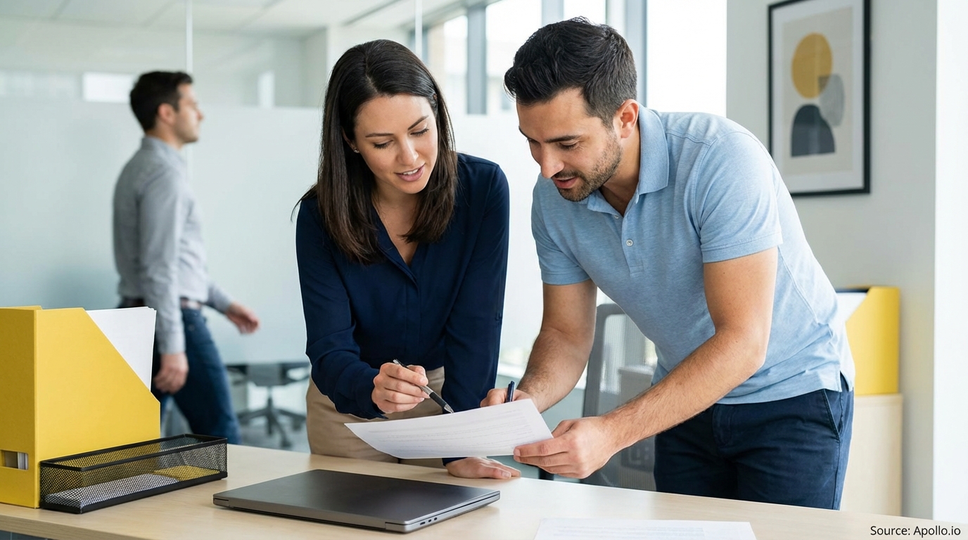 Two office workers review documents at a desk, with a third person walking past.