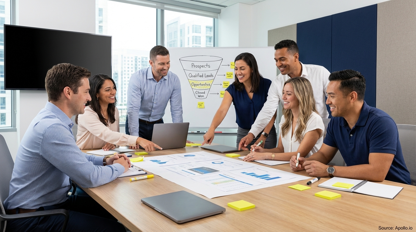 Sales professionals discussing strategy around a conference table in a sales team meeting