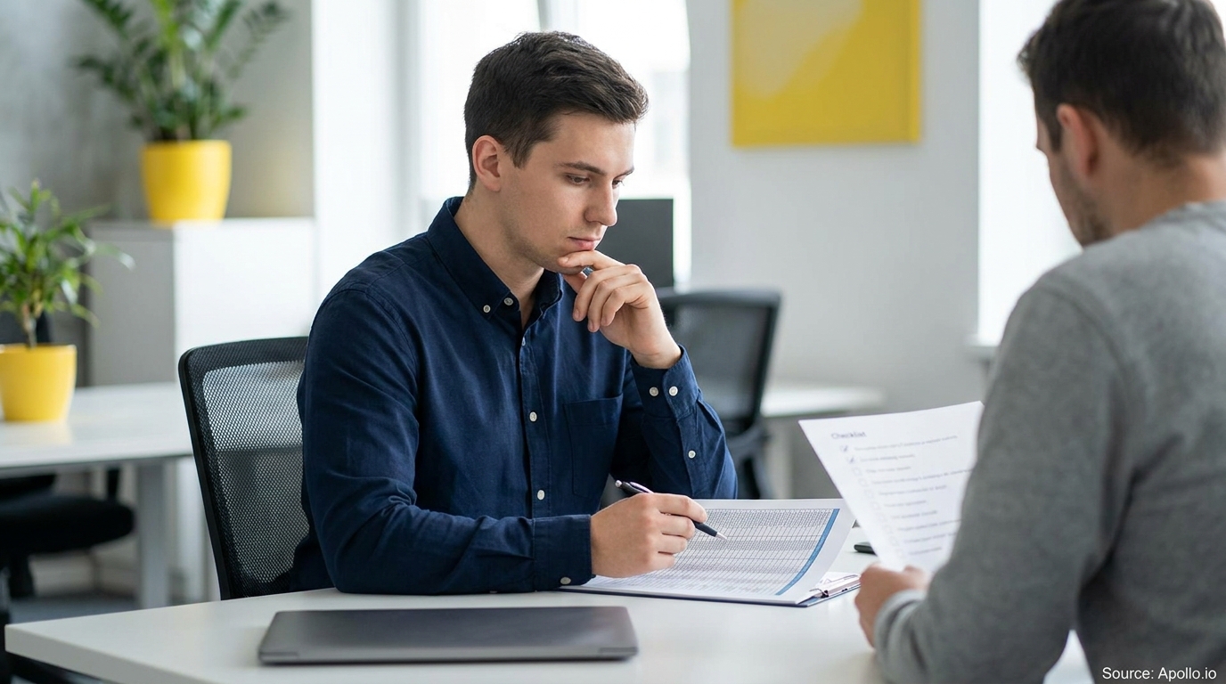 Two men sit at an office desk, one thoughtfully reviewing a spreadsheet, the other holding a checklist.