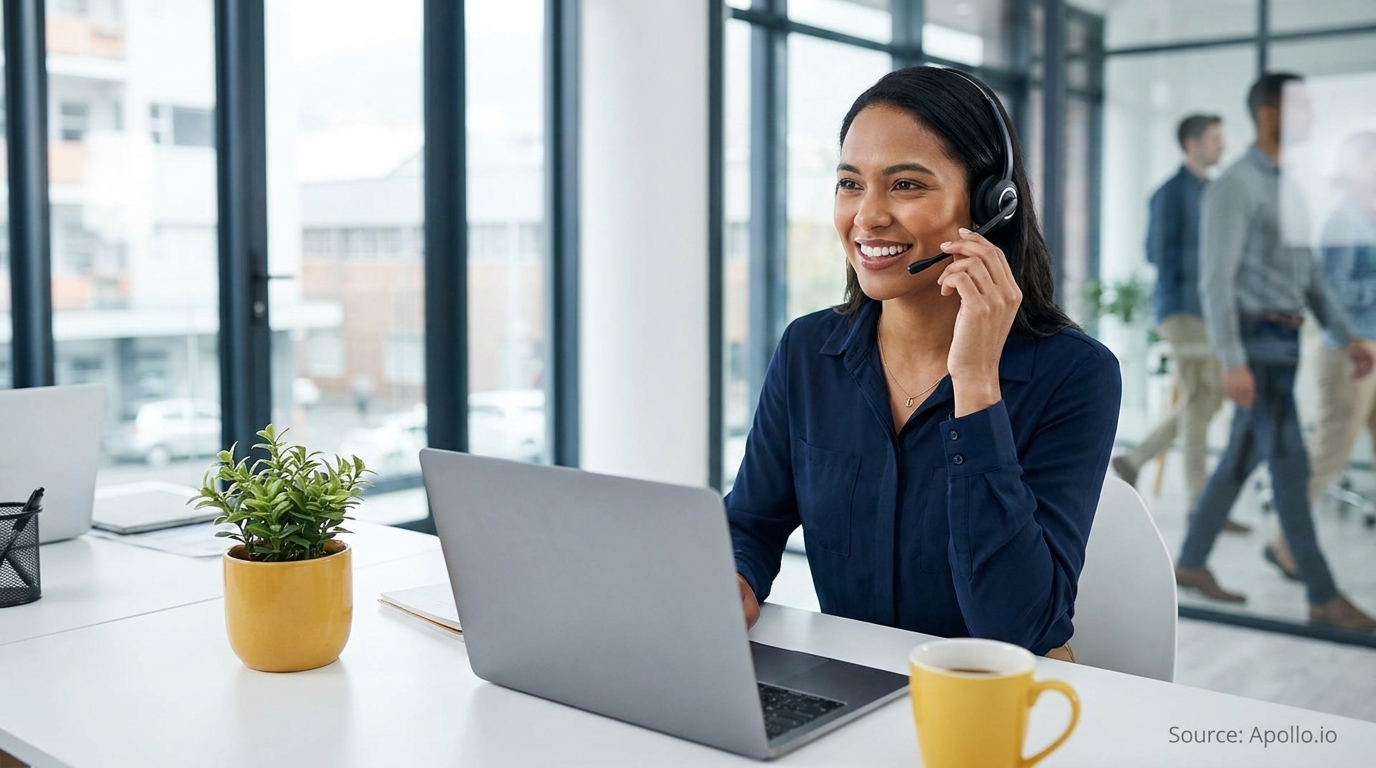 Smiling woman wearing a headset works on a laptop in a bright office.
