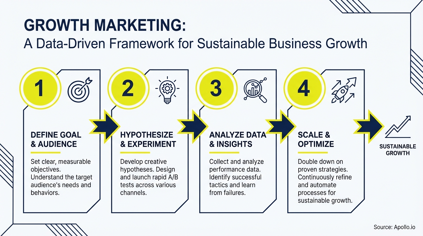 A diagram outlining a four-step growth marketing framework leading to sustainable growth.