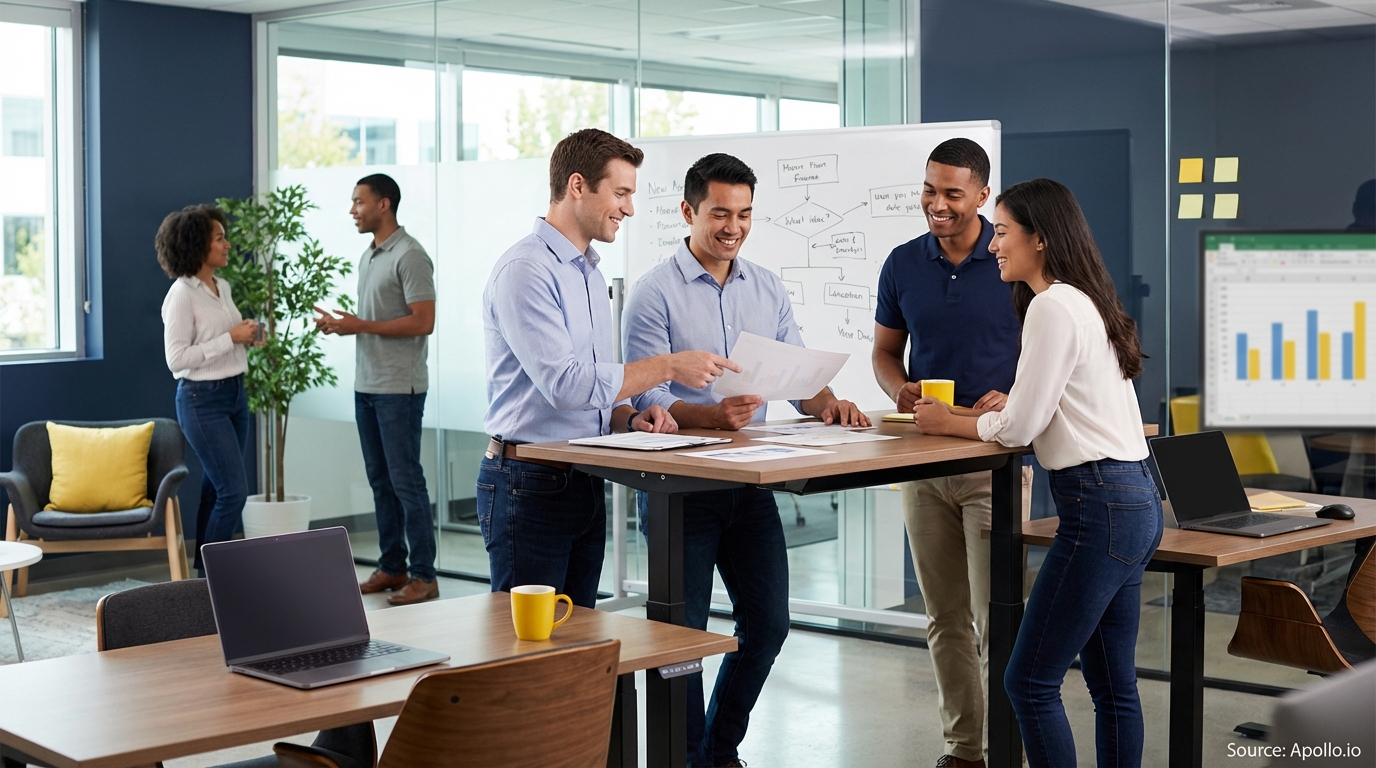 Sales team collaborating in a modern open-plan office in a sales team meeting