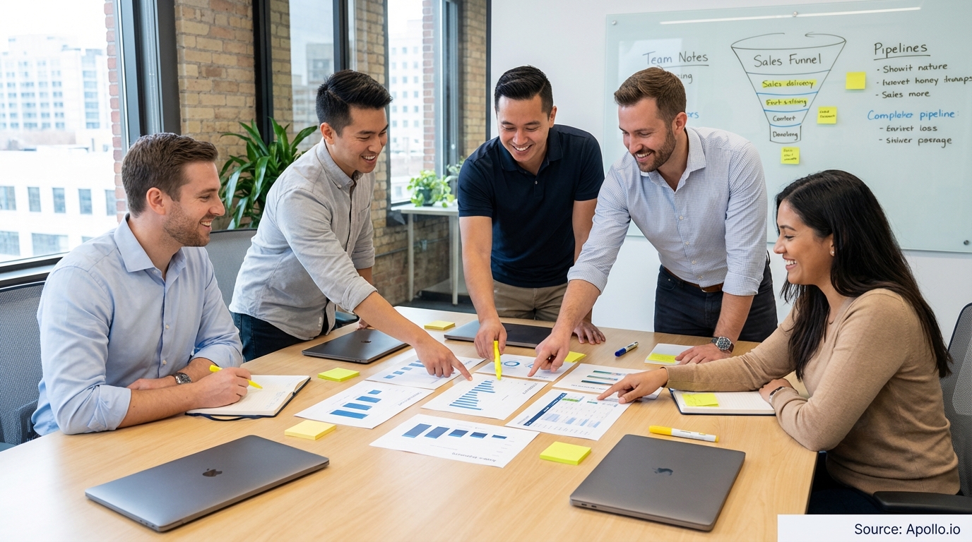 Sales professionals discussing strategy around a conference table in a sales team meeting