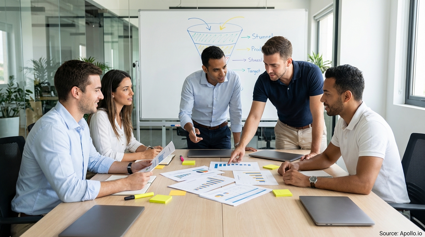 Sales professionals discussing strategy around a conference table in a sales team meeting