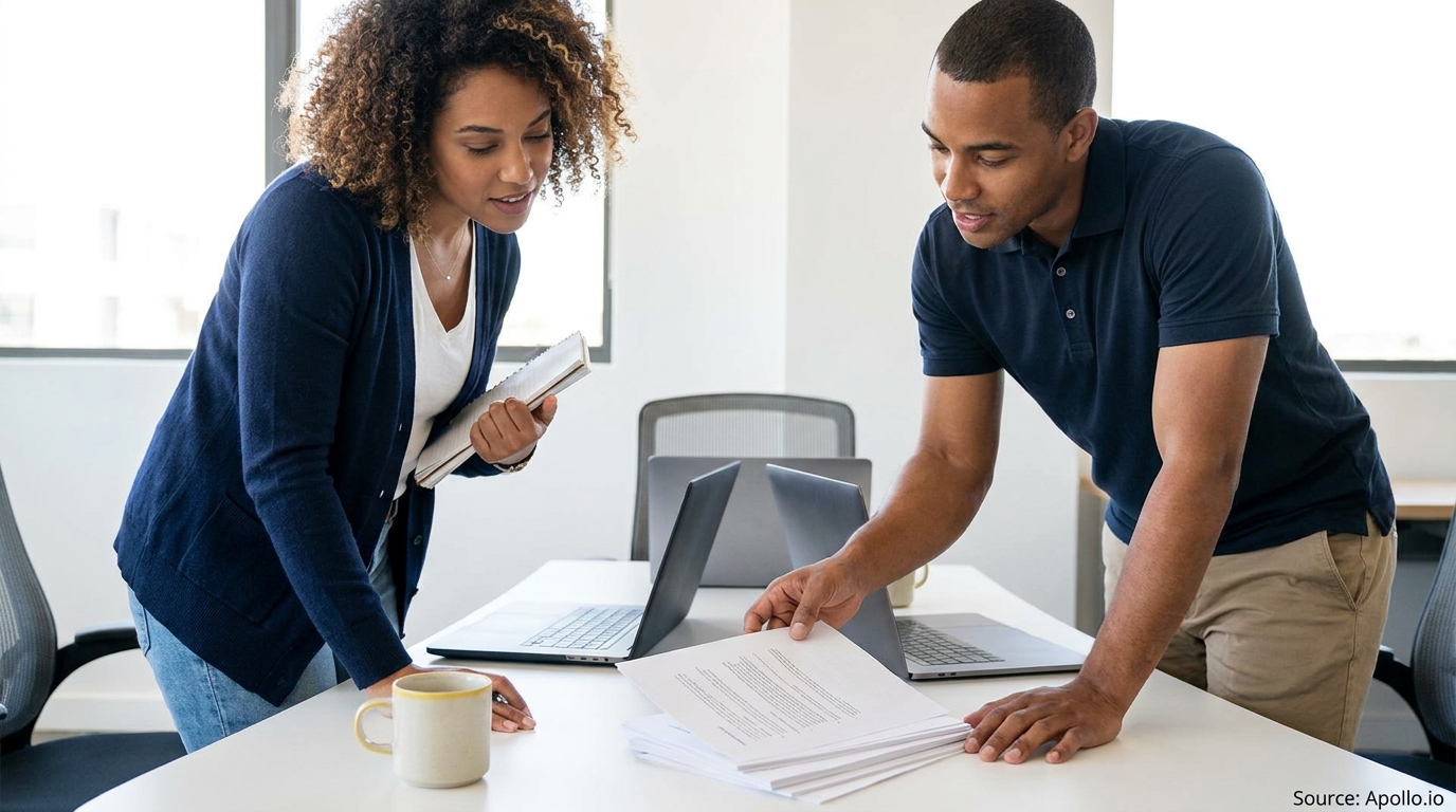 Two professionals lean over a desk in a modern office, reviewing documents and a notebook.