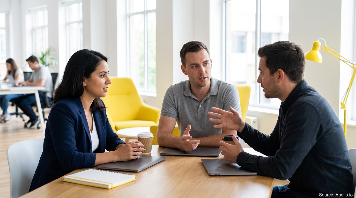Three professionals discuss at a modern office table with laptops and coffee cups.