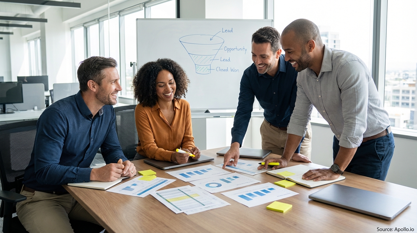 Sales professionals discussing strategy around a conference table in a sales team meeting