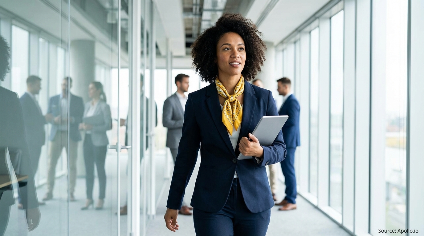A professional woman walks with a tablet through a bright office with colleagues conversing.