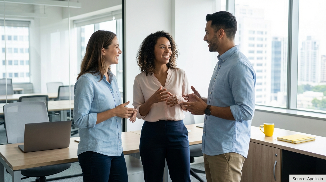 Three diverse professionals converse happily in a modern office.