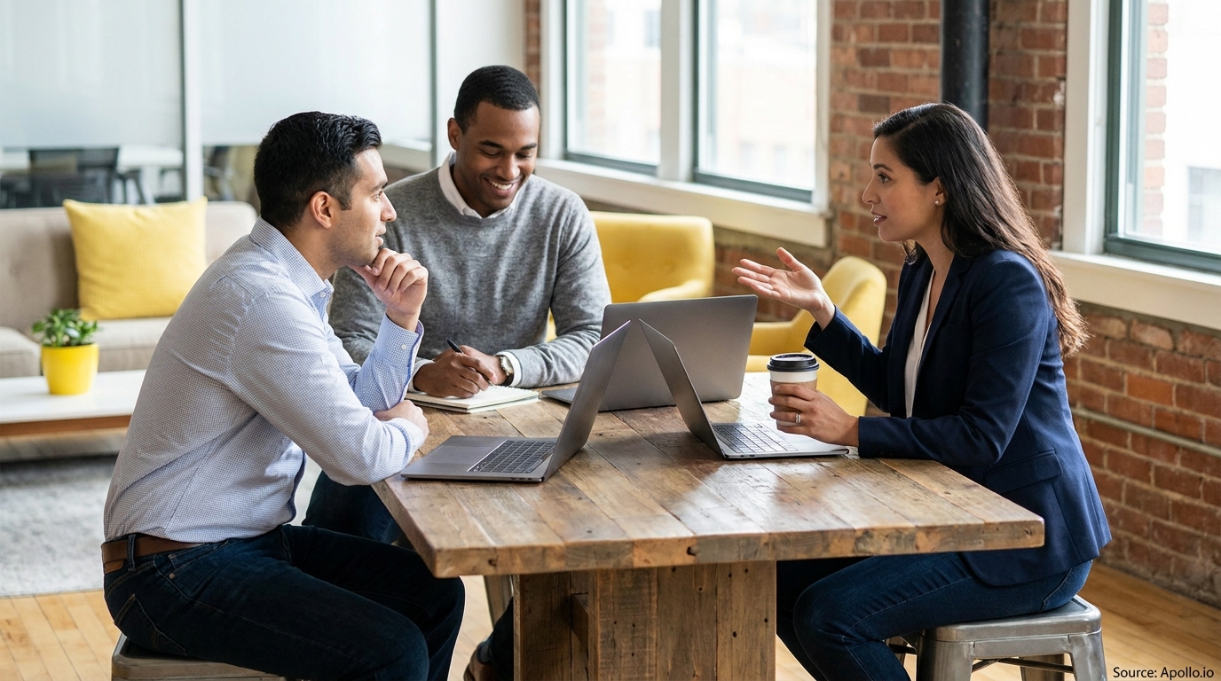 Three colleagues discuss ideas around a wooden table with laptops in a modern office.