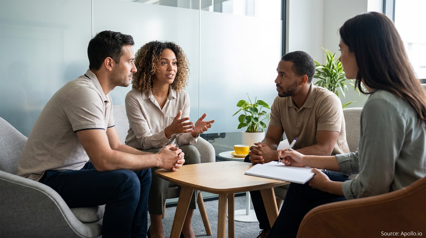 Four people discuss in a modern office, one woman gestures while another takes notes.