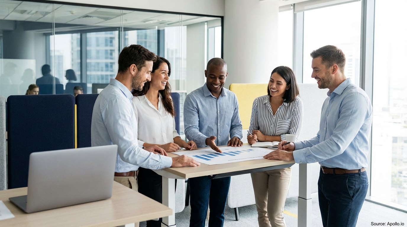 Sales team collaborating in a modern open-plan office in a sales team meeting