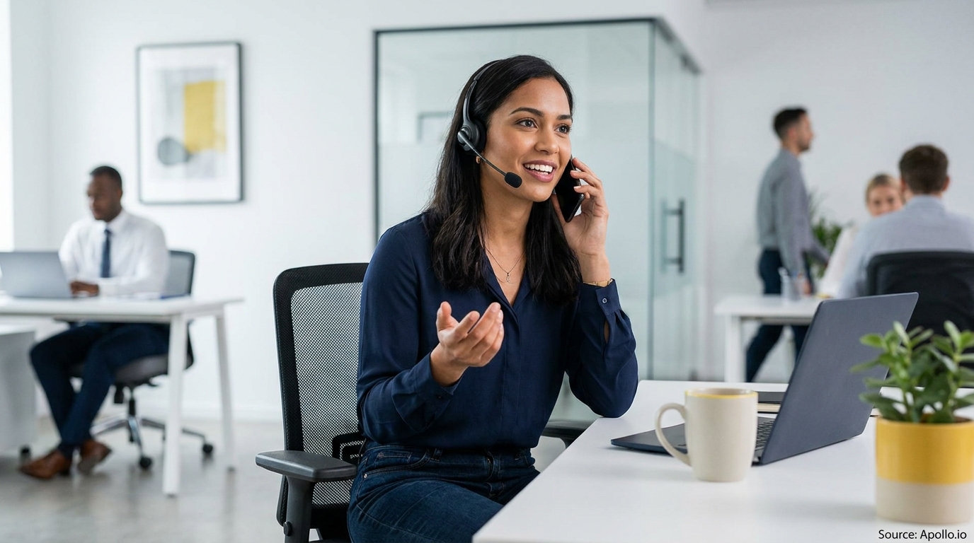 A smiling woman in a headset talks on the phone at her desk in a busy modern office.