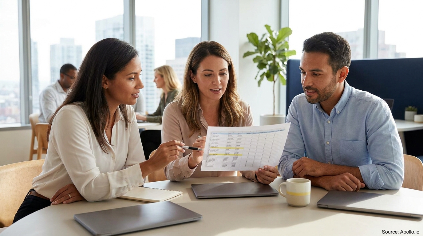 Three professionals discuss a spreadsheet together at a table in a modern office.
