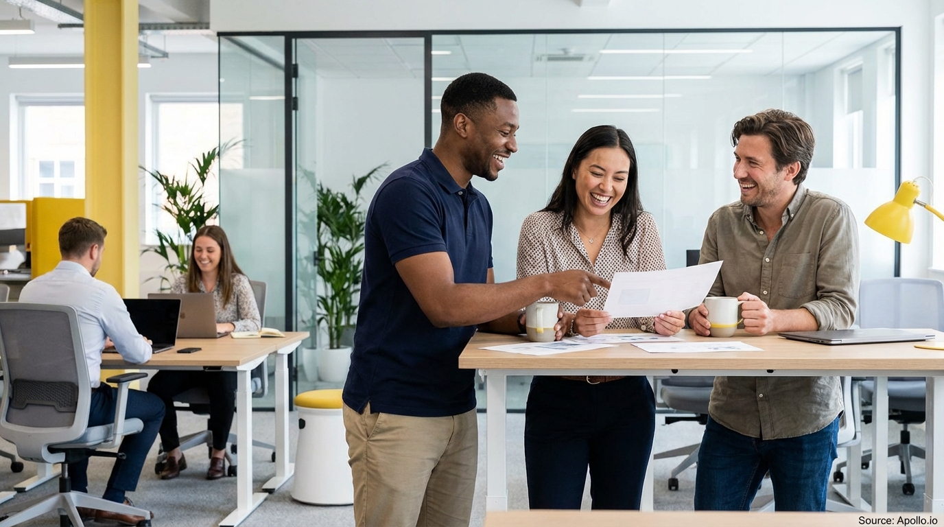 Sales team collaborating in a modern open-plan office reviewing lead generation strategies