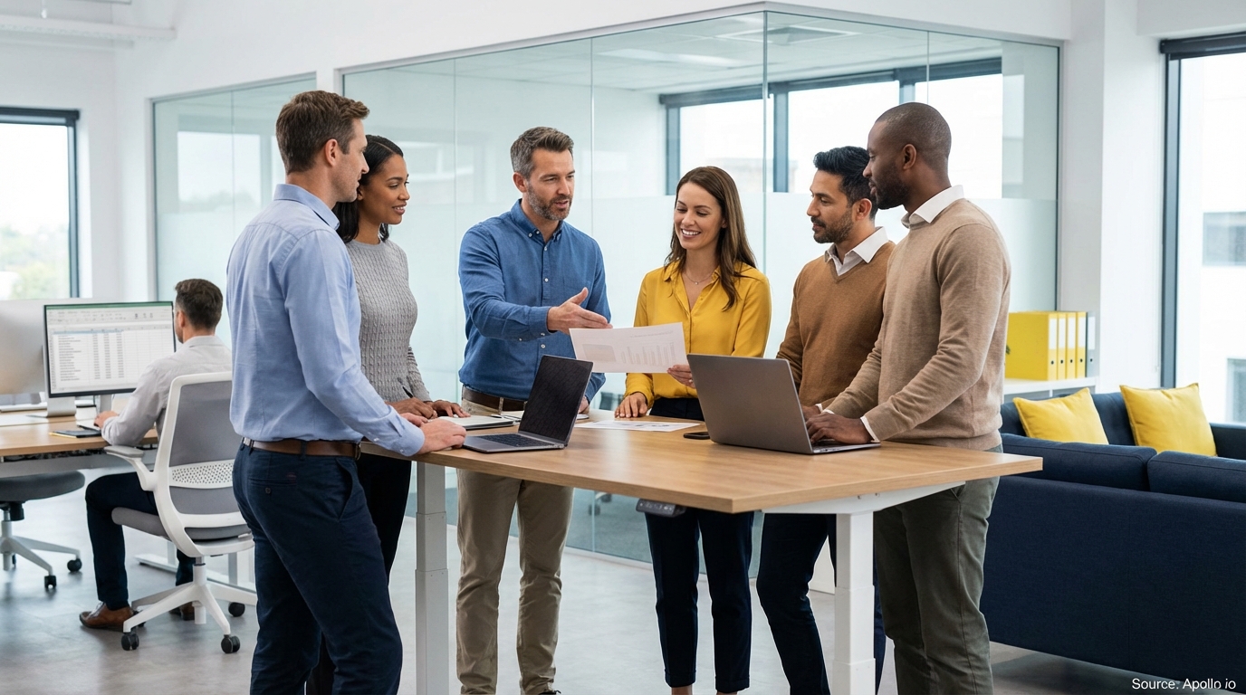 Sales team collaborating in a modern open-plan office in a sales team meeting