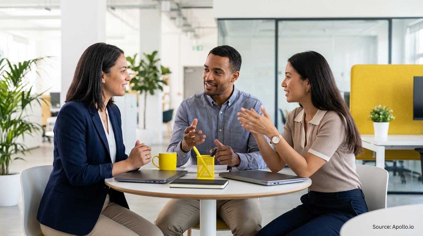 Three professionals conversing at a modern office table with laptops.