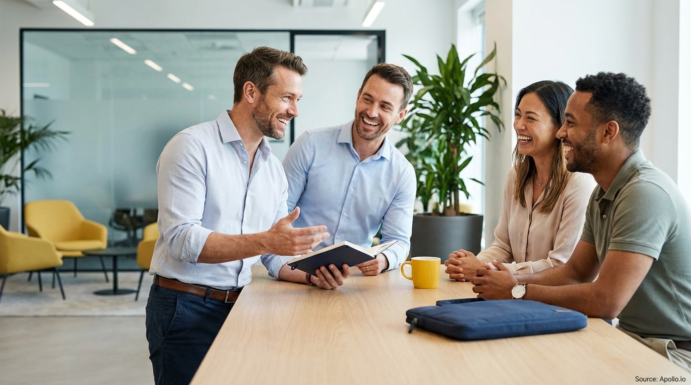 Four diverse colleagues smiling and discussing notes at a modern office table.