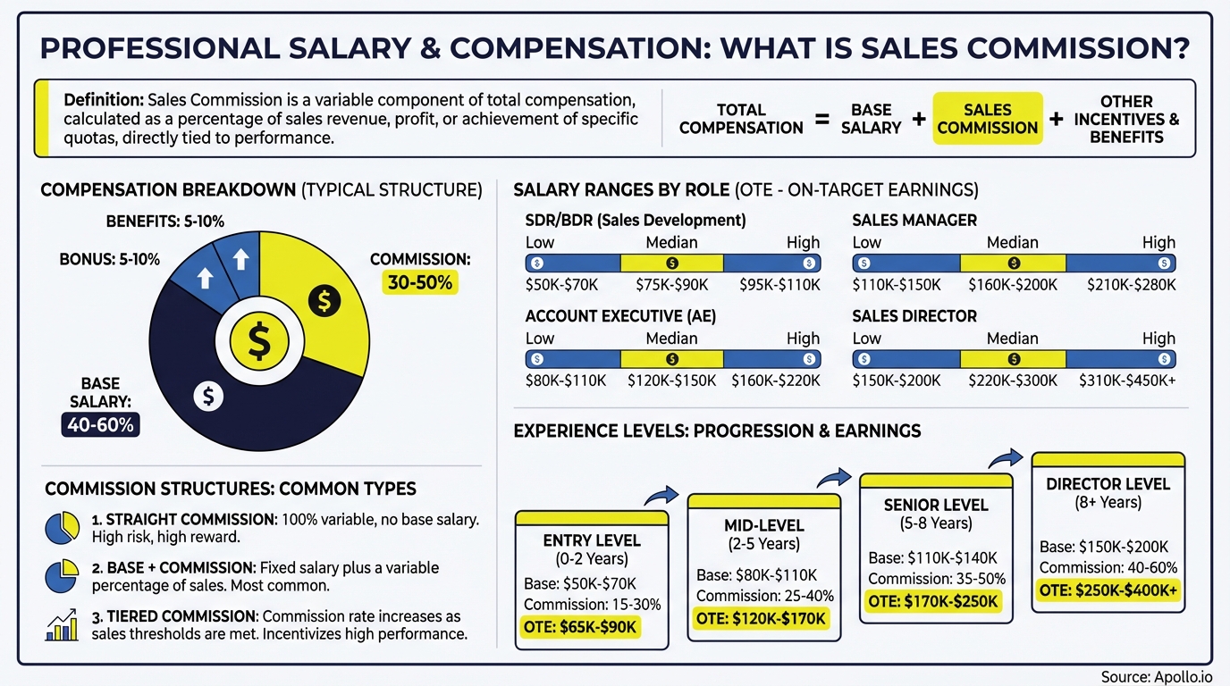 Infographic detailing sales commission, compensation breakdown, salary ranges, and career progression.