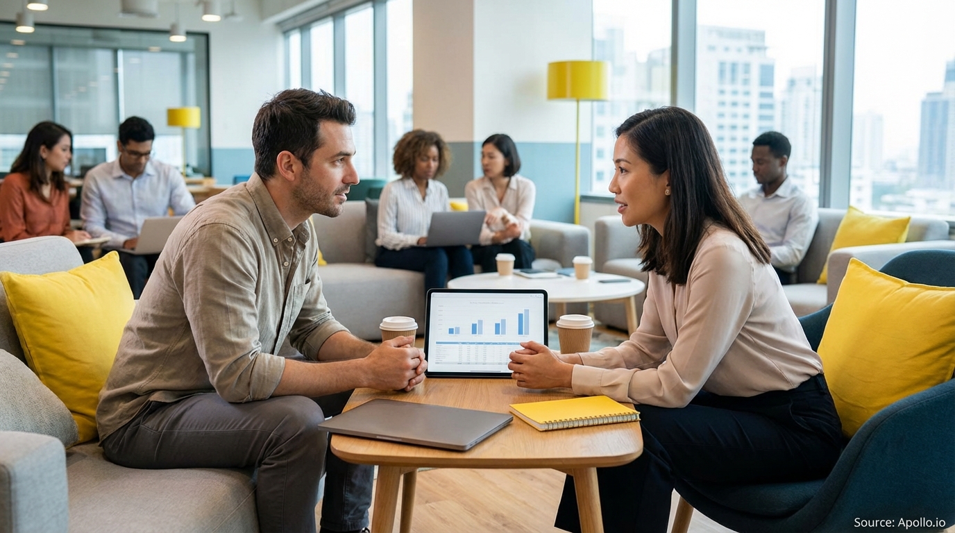 Two people discuss data on a tablet with four colleagues working in a modern office.