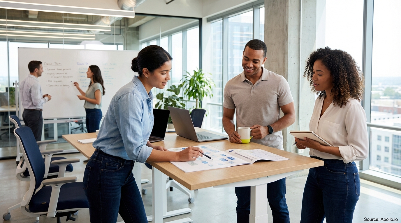 Sales team collaborating in a modern open-plan office in a sales team meeting