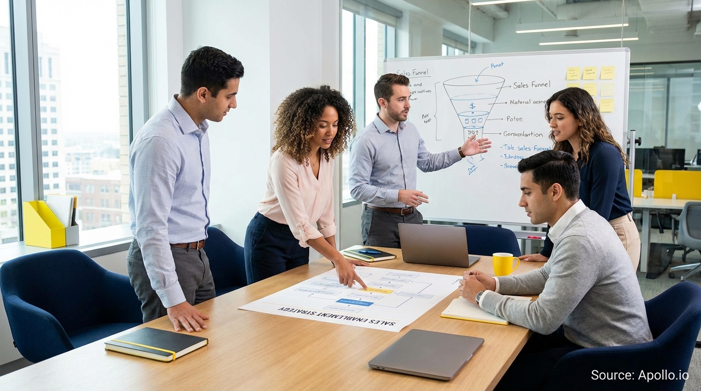 Sales professionals discussing strategy around a conference table in a sales team meeting