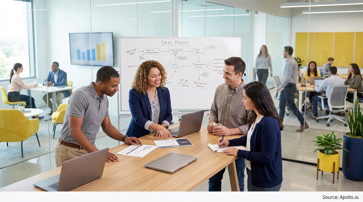 Sales team collaborating in a modern open-plan office in a sales team meeting
