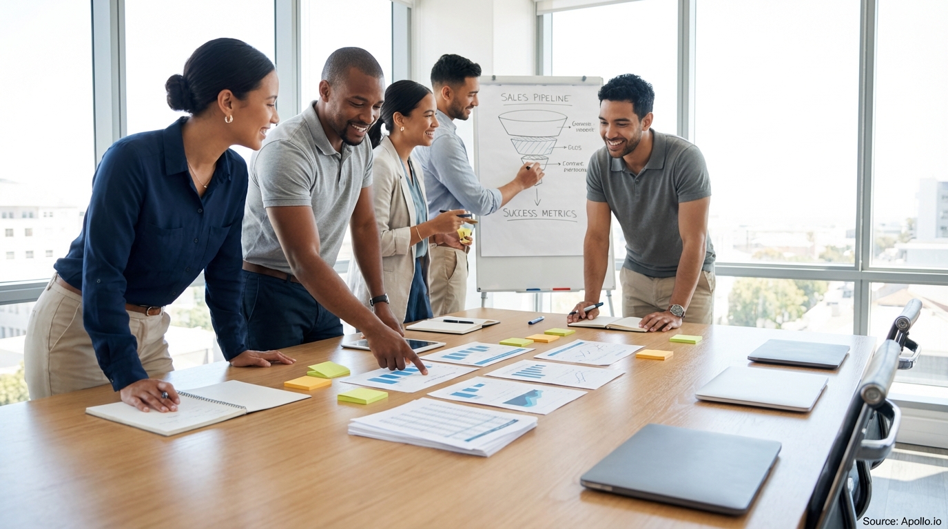 Sales professionals discussing strategy around a conference table in a sales team meeting