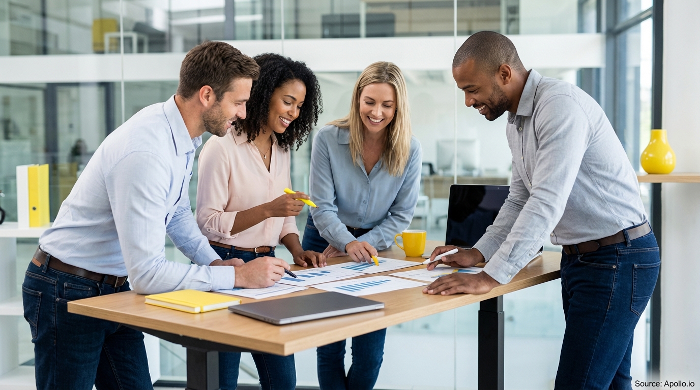 Sales team collaborating in a modern open-plan office analyzing sales pipeline