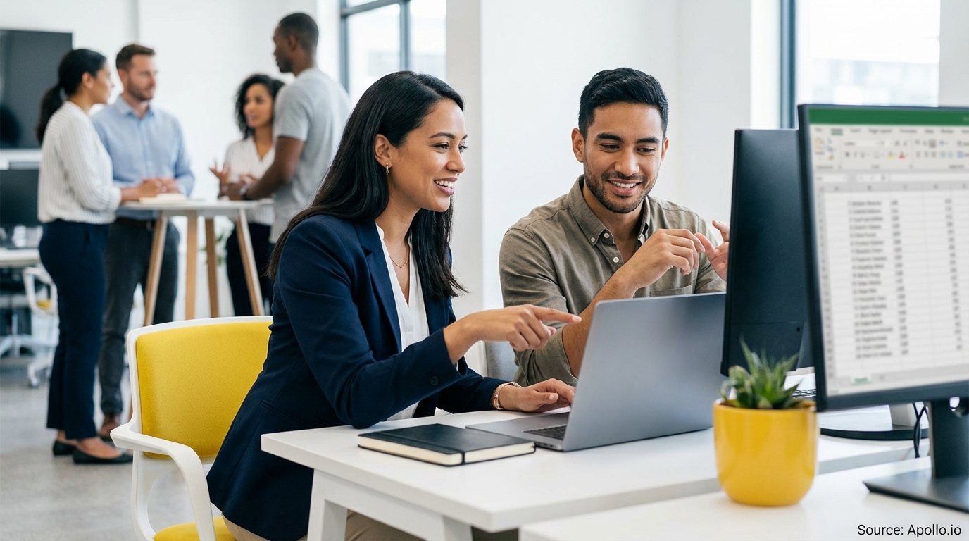 Two professionals collaborate on a laptop, while four colleagues converse in a modern office.