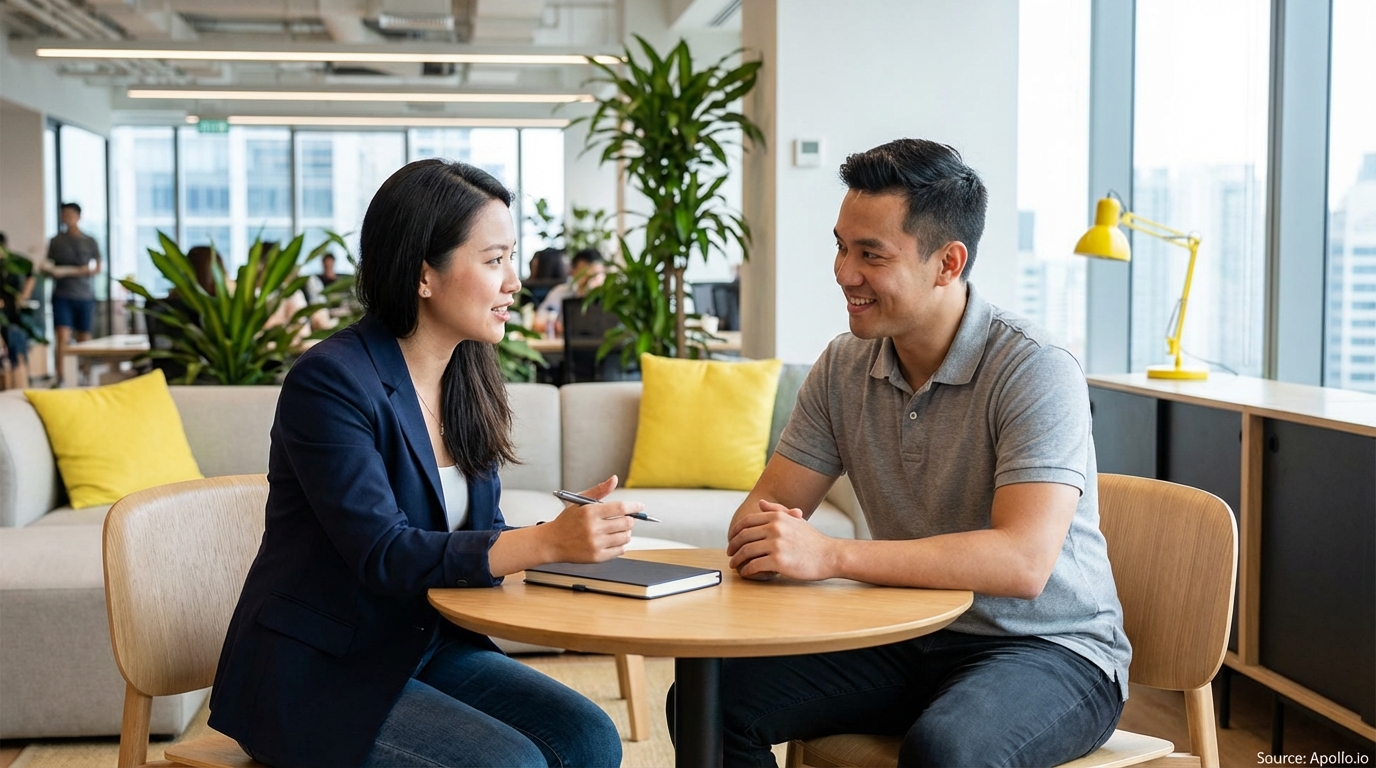 Two smiling professionals discuss at a small table in a bright, modern office.
