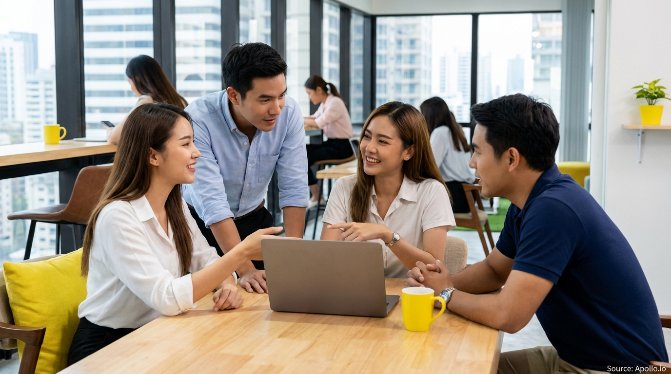 Four young professionals collaborate on a laptop in a bright, modern office.