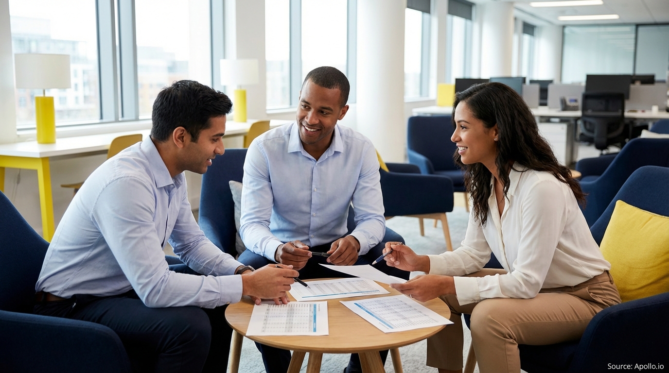 Three professionals discuss documents at a small wooden table in a modern office.