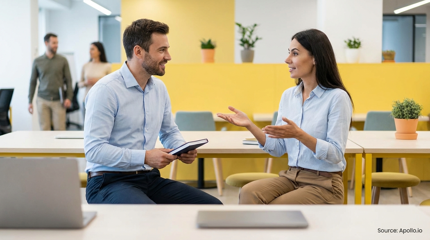 Two professionals actively discuss at a bright office table, others walk in background.