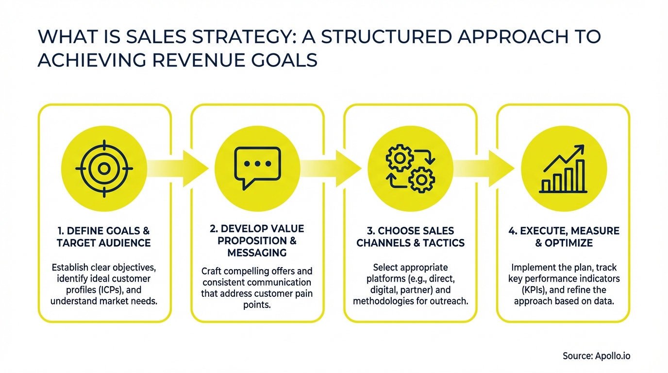 An infographic illustrating a four-step sales strategy with corresponding icons.
