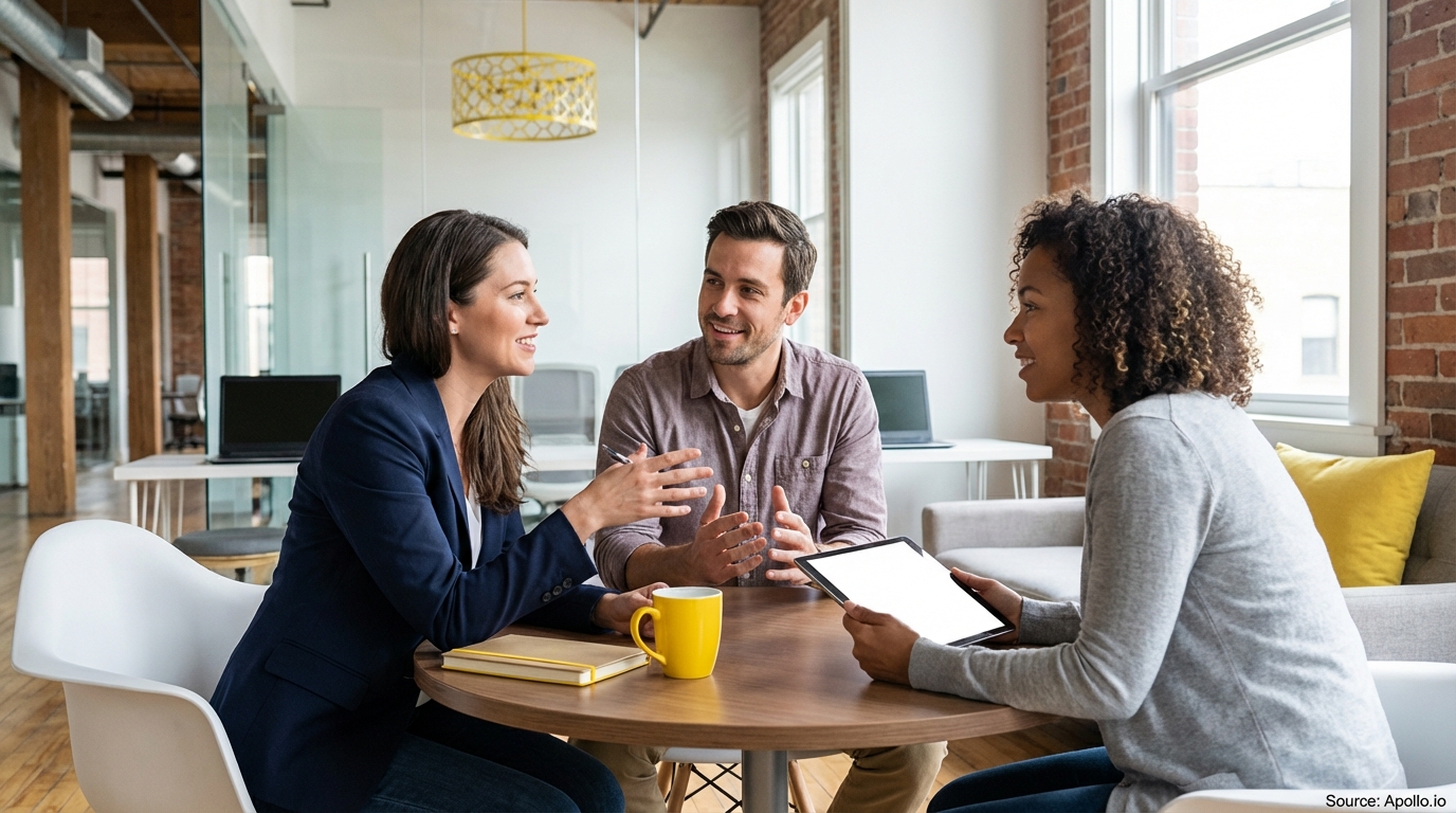Three professionals discuss strategy at a modern office table, one holding a tablet.